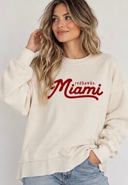 Pressbox Miami RedHawks Sweatshirt Womens M Cream Red Collegiate Varsity Preppy